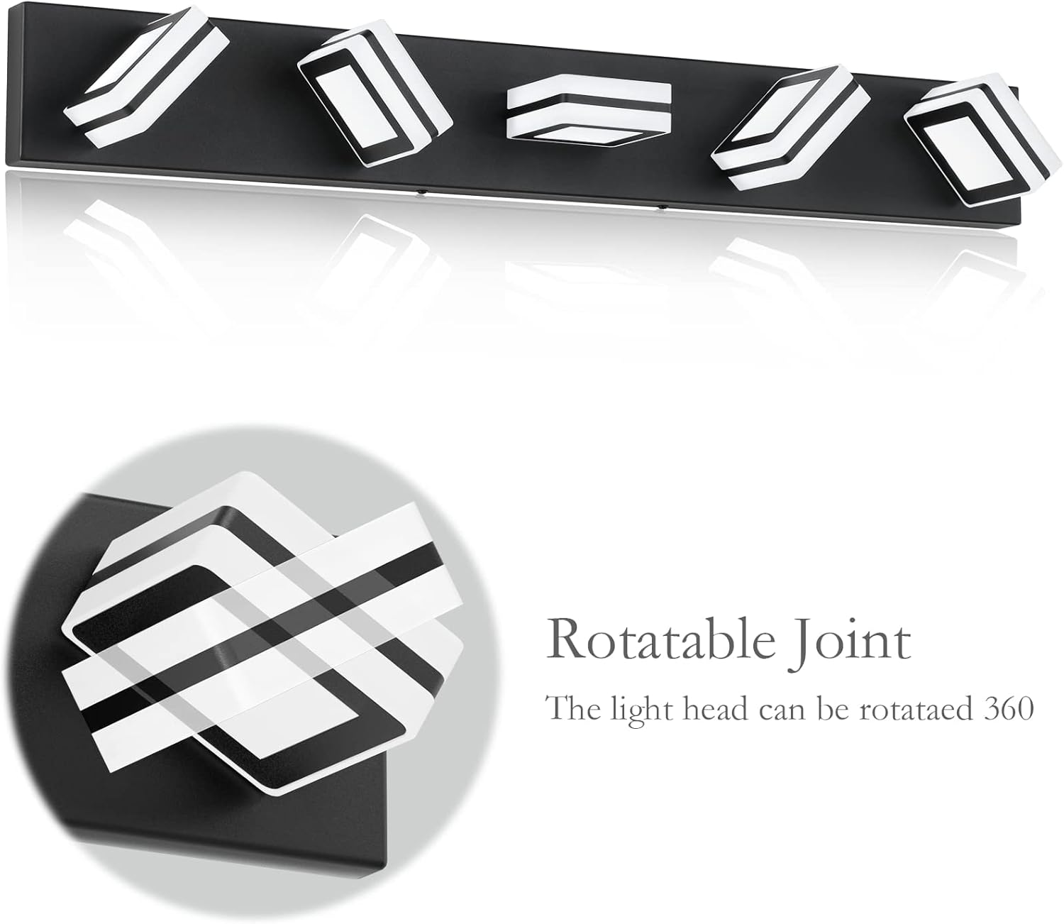 Ralbay Moderna luz LED negra para tocador, 5 luces, luces LED modernas para tocador de baño, espejo largo, acrílico, arriba y abajo, negro mate,