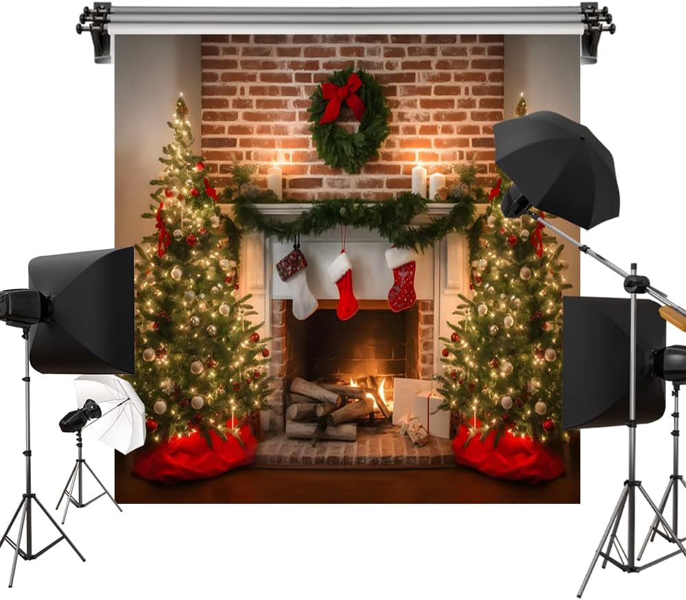 Kate Telón de fondo de Navidad de 6.5 x 6.5 pies  6.6 x 6.6 ft, corona de árbol de Navidad, chimenea, computadora, impreso, fondo de tela,