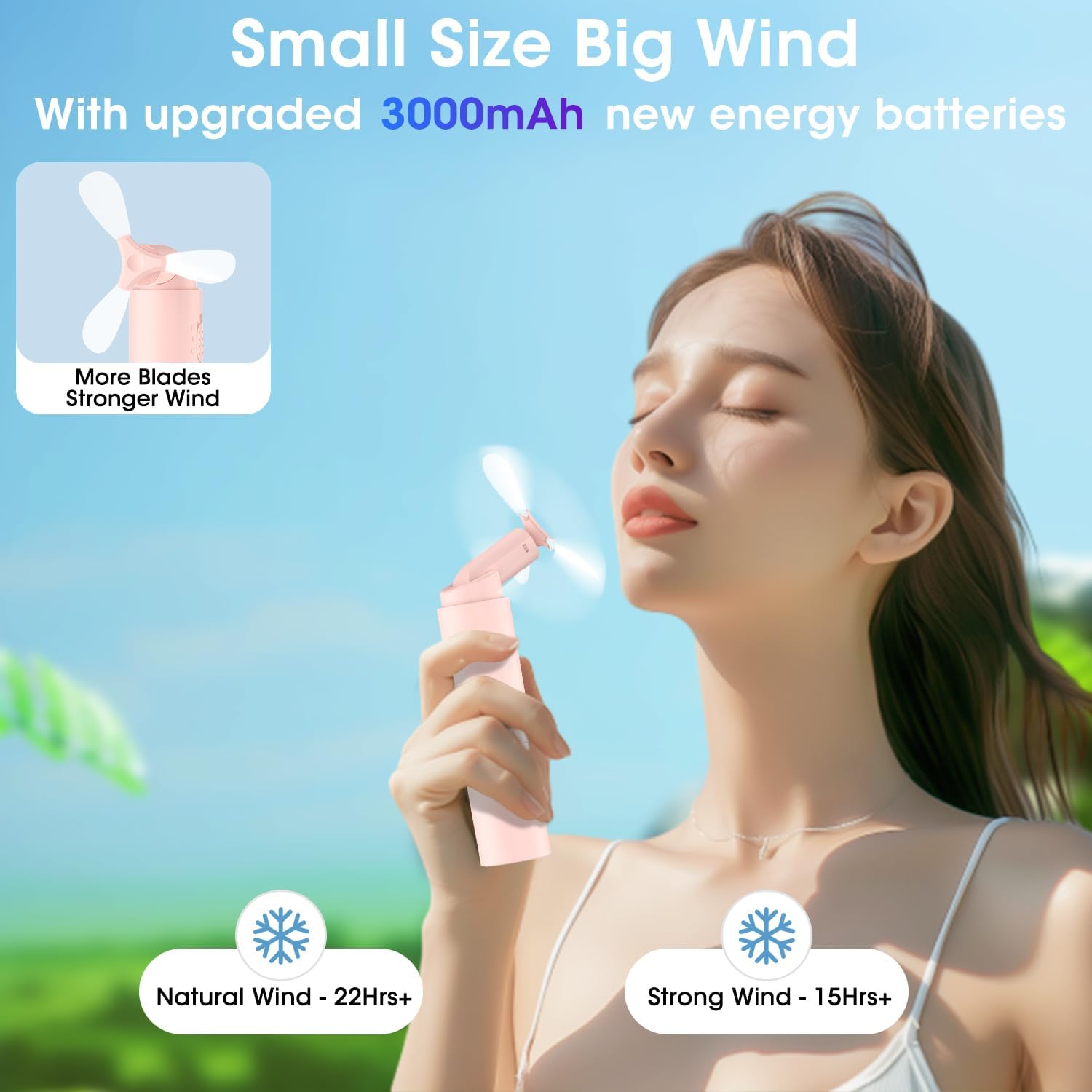 OLV Mini ventilador de mano portátil recargable de 3000 mAh USB alimentado por batería 22+horas de tiempo de funcionamiento, pequeño ventilador de