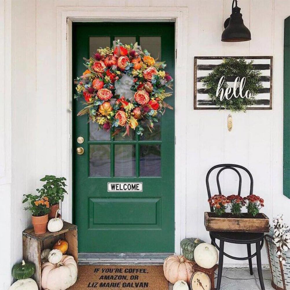 Corona de peonía y calabaza artificial para puerta de otoño, guirnalda de cosecha de Acción de Gracias (19.7 in)