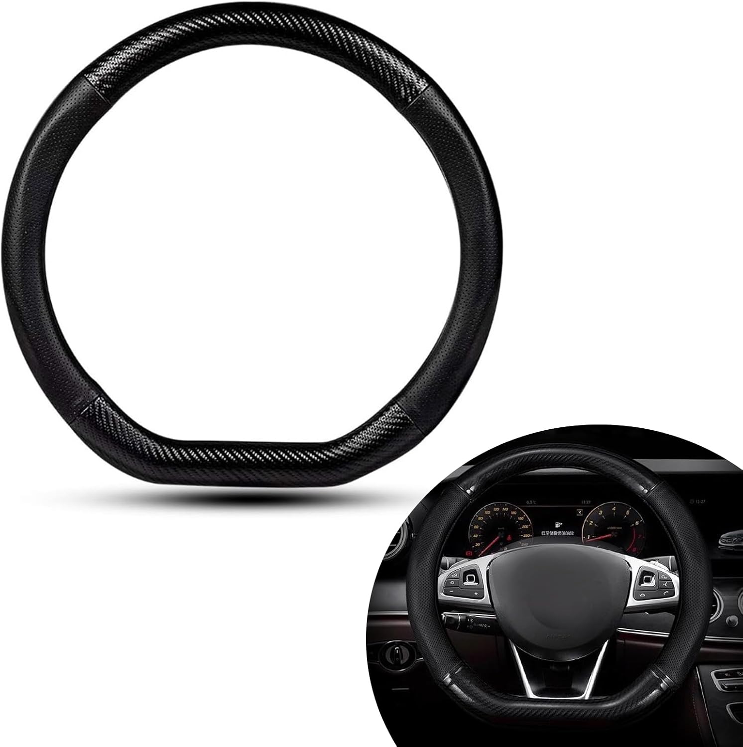 Pack-1 Car Carbon Fiber Steering Wheel Cover, 14.9″ Non-Slip Breathable Steering Wheel Cap for All Seasons, Anti-Scratch and Wear-Resistant