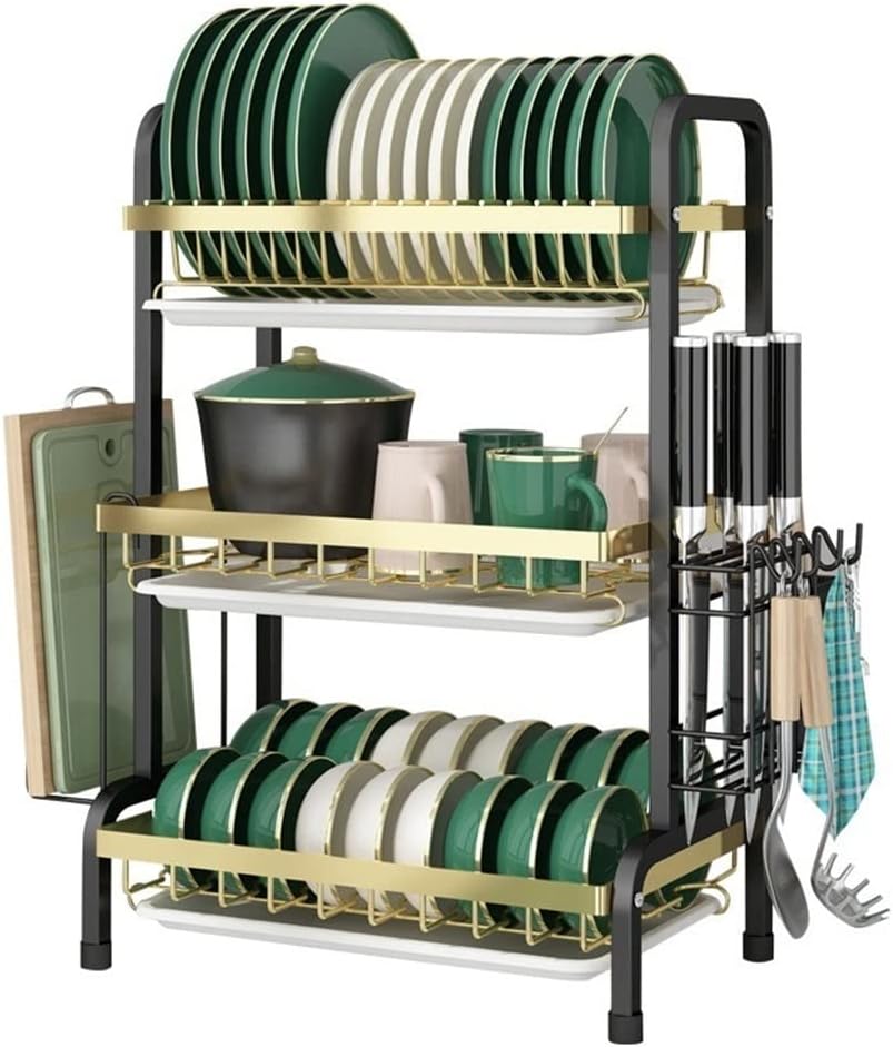Escurridor de platos con escurridor de 2 niveles de acero inoxidable para encimera de cocina, escurridor de platos de 3 capas, estante organizador