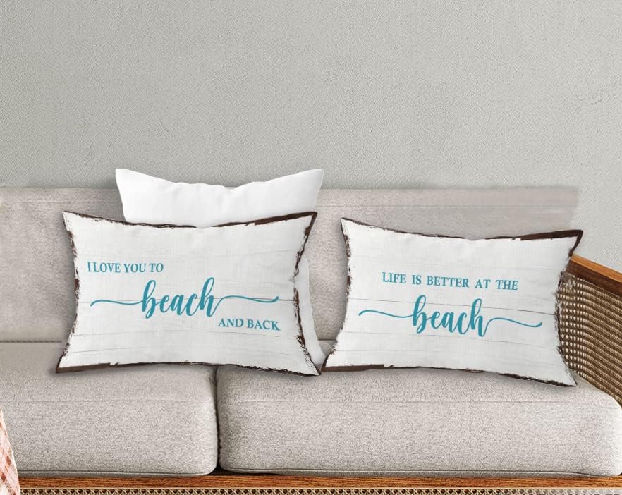 Fundas de almohada decorativas rústicas con texto en inglés “I Love You to The Beach and Back”, fundas de almohada con citas de playa costera, para