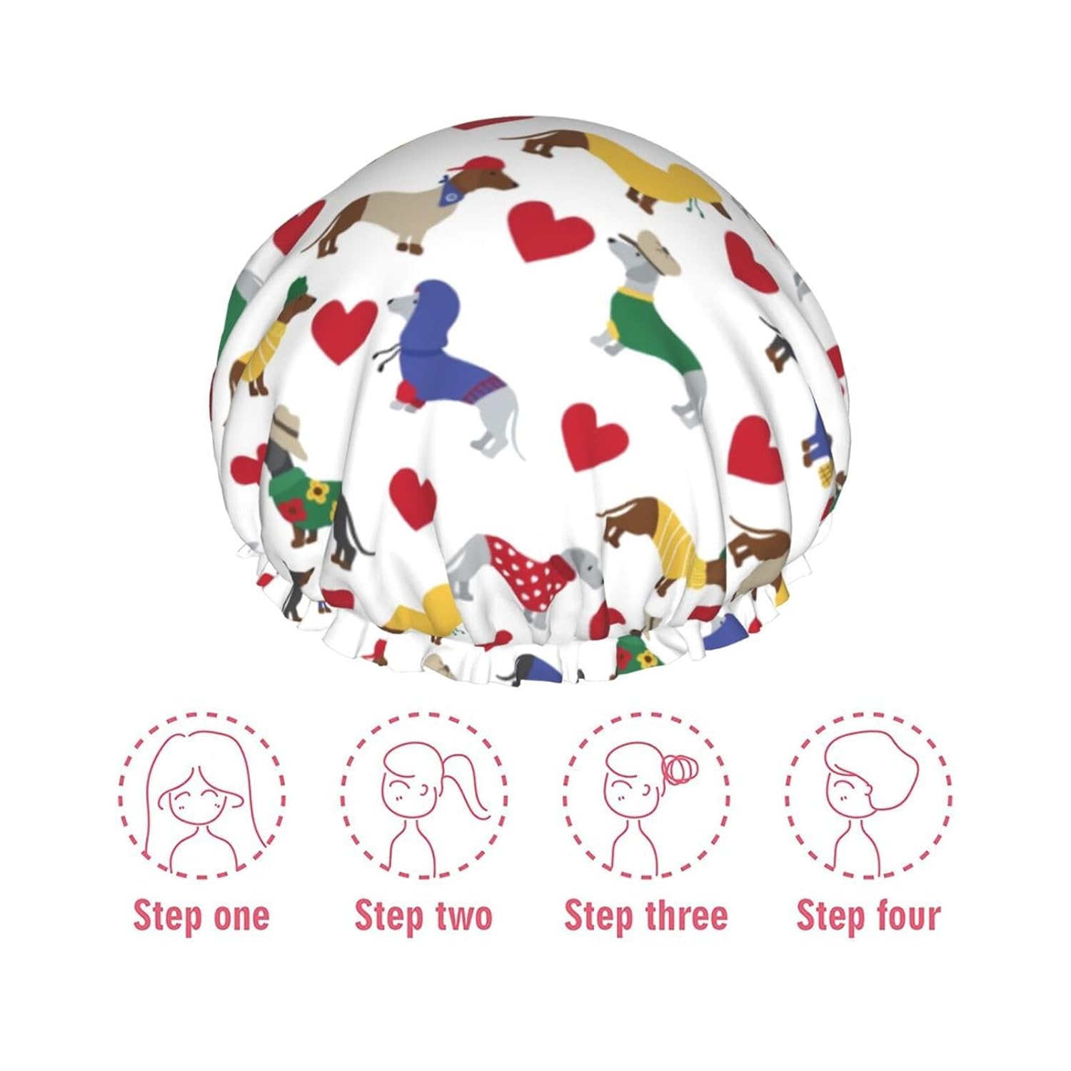 Lovely Dachshund Dog Shower Cap For Women Adjustable Double Waterproof Layers Bathing Shower Hat Hair Protection Reusable Ladies Spa Salon Shower Hat
