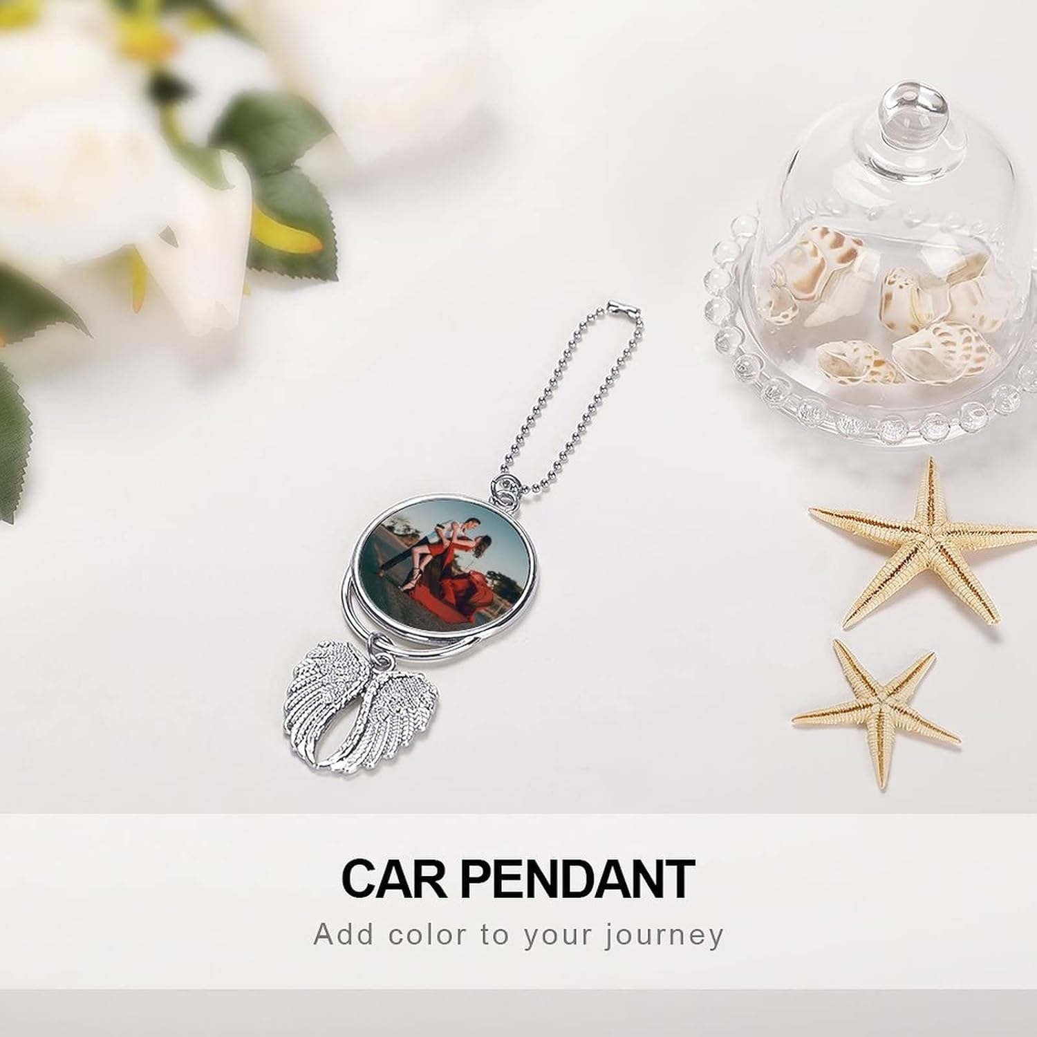 Adorno colgante de coche con foto personalizada, alas de ángel personalizadas, espejo retrovisor para automóvil, accesorios colgantes para