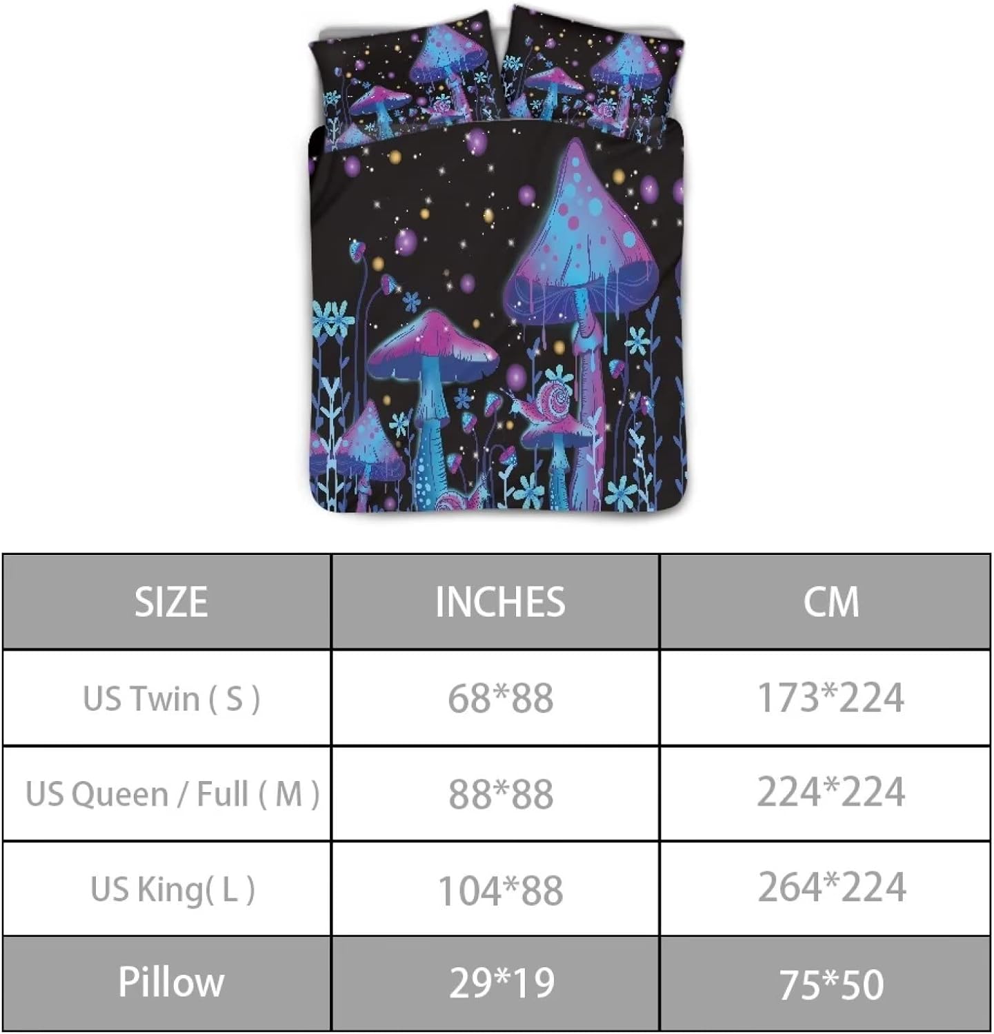 BIGCARJOB Juego de funda de edredón de hongos, juego de funda de edredón con patrón de hongos trippy, juego de ropa de cama de dibujos animados para