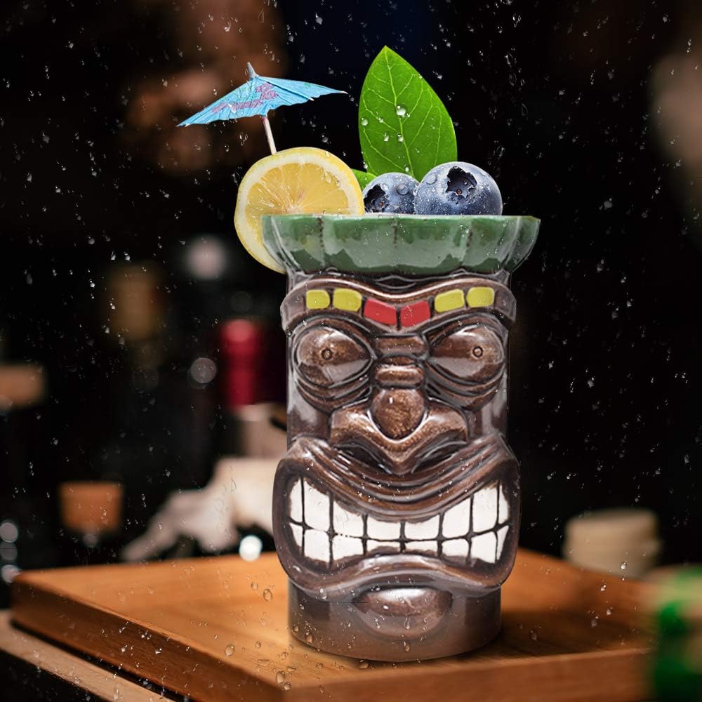 Tiki Mugs – Juego de 4 vasos grandes de cerámica hawaiana Luau para fiesta, lindos vasos de cóctel exóticos, Tiki Bar profesional hawaiano fiesta