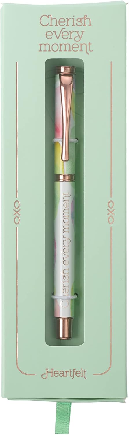 Heartfelt Bolígrafo de escritura de gel para mujer, metal dorado rosa con cristal de mar liso en colores pastel, diseño de acuarela, frase