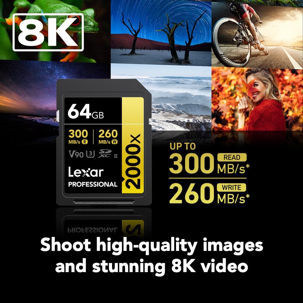 Lexar Tarjeta de memoria SDXC profesional de 64 GB, 2000x, UHS-II, C10, U3, V90, video Full-HD y 8K, lectura de hasta 300 MBs, para cámaras DSLR,
