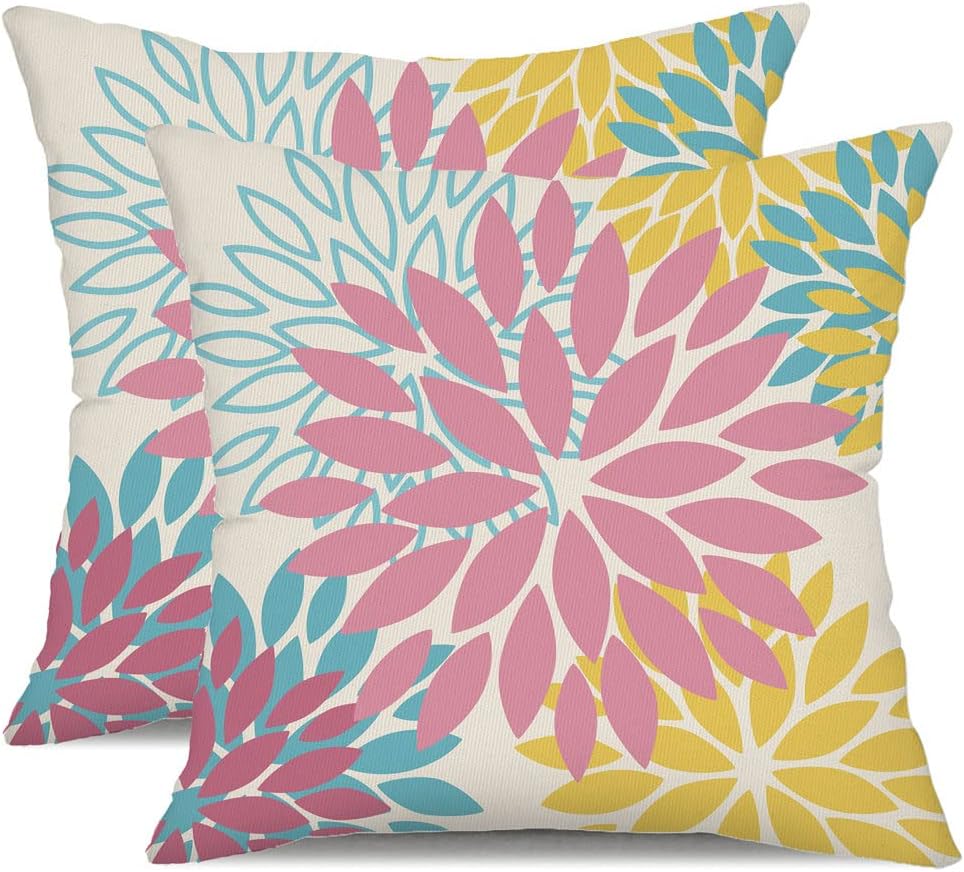 DFXSZ Juego de 2 fundas de almohada de 18 x 18 pulgadas con diseño de flores rosas, amarillas y azules, para exteriores, impermeables, para