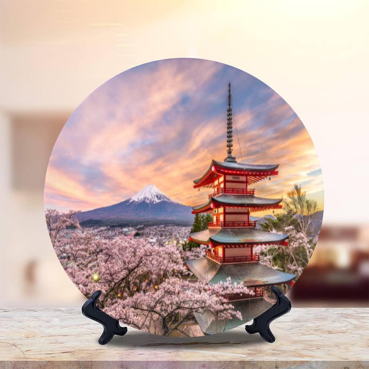 Platos decorativos para exhibición de 8 pulgadas, adorno de cerámica de primavera japonesa con soporte de exhibición y gancho para decoración de