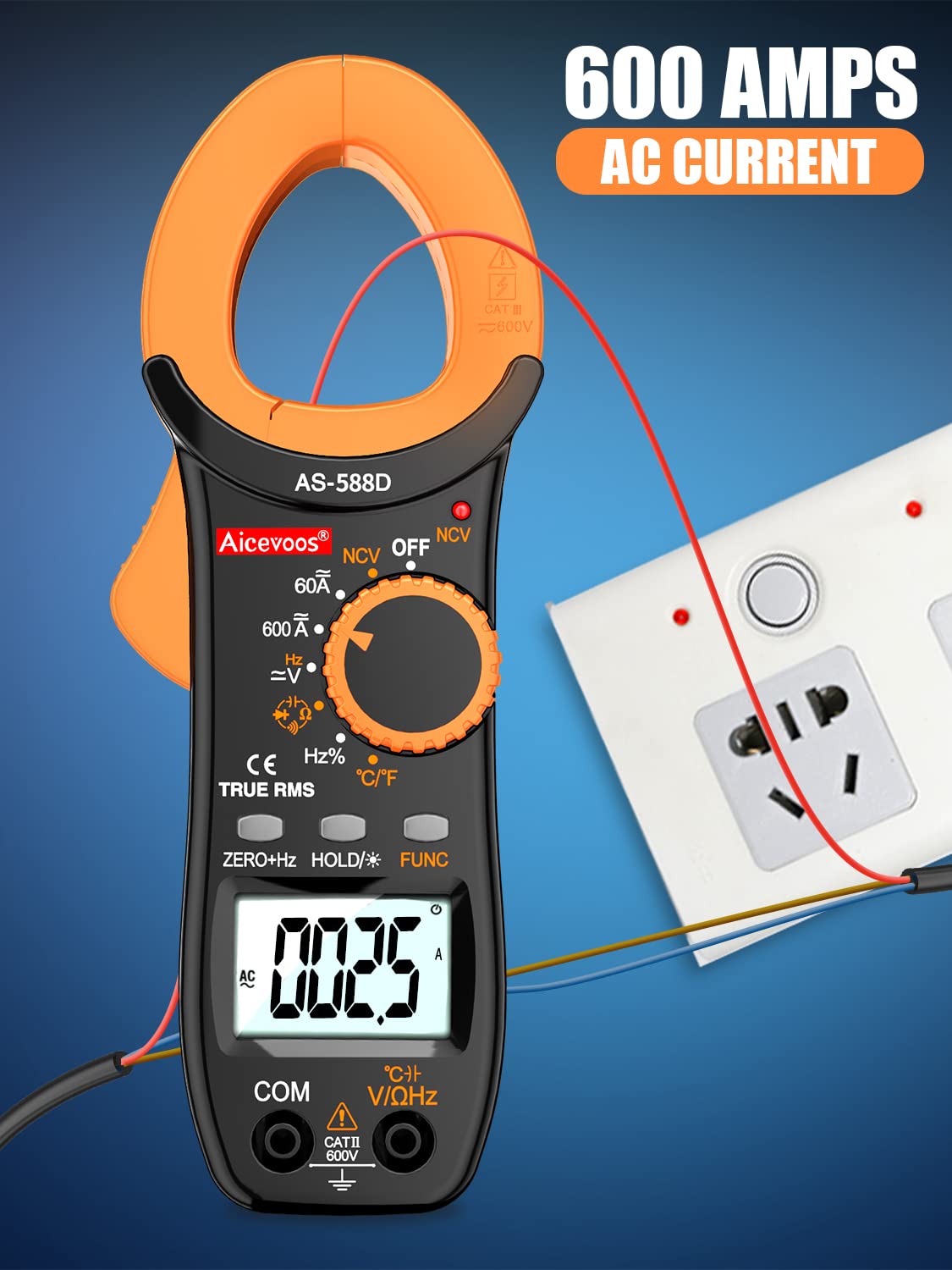Aicevoos Abrazadera digital 588D 6000 cuenta con amplificador de voltaje de rango automático, mide voltaje y corriente CACC, diodos de resistencia