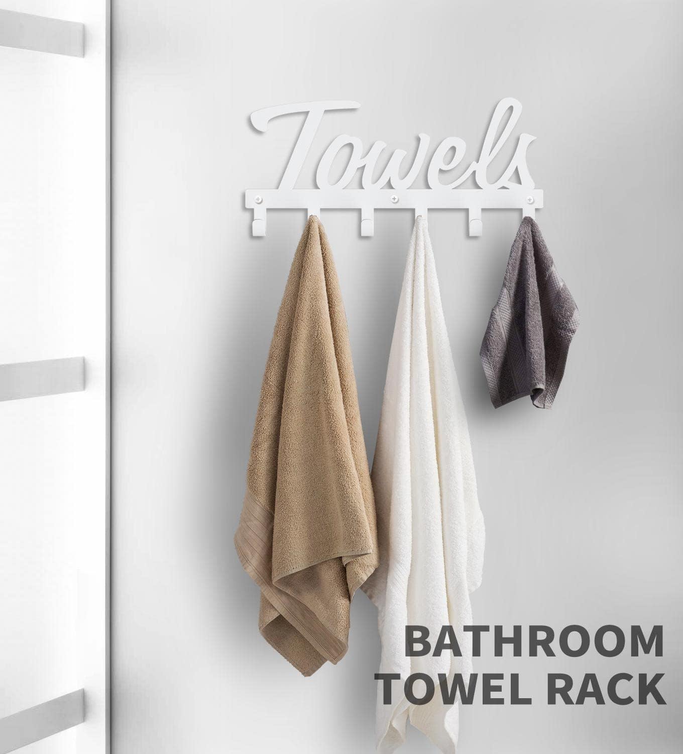 Livelab Toallero, toallero para baño montado en la pared, 6 ganchos blanco para ahorrar espacio en el baño, impermeable, resistente al óxido, fácil