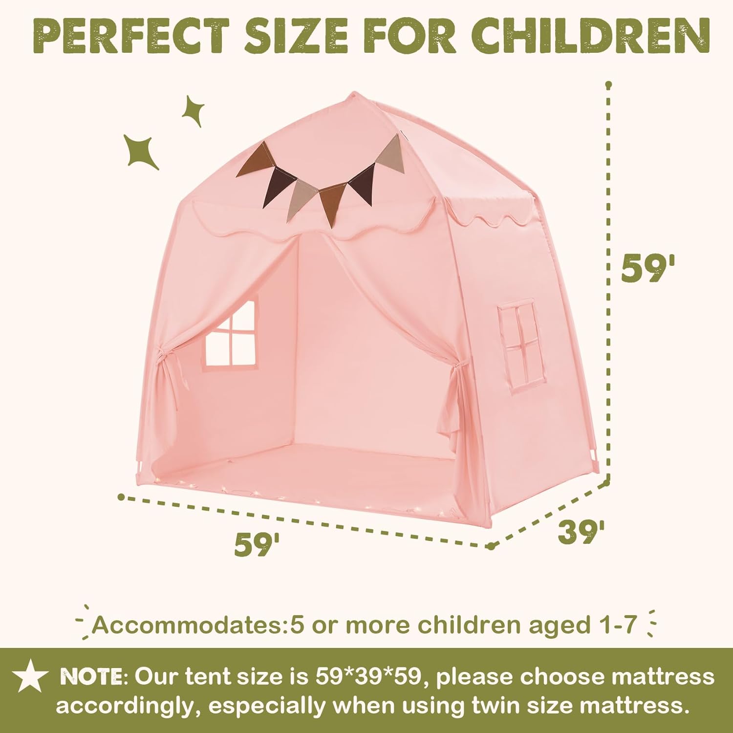 Tienda de campaña extragrande para niños con banderas y luces de estrella, tipi portátil y plegable, toldo de cama para niños y niñas, tienda de