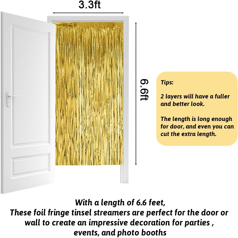 Paquete de 3 cortinas de flecos de papel de aluminio dorado de 3.3 x 6.6 pies, cortinas de fondo para decoraciones de fiesta doradas, bodas,