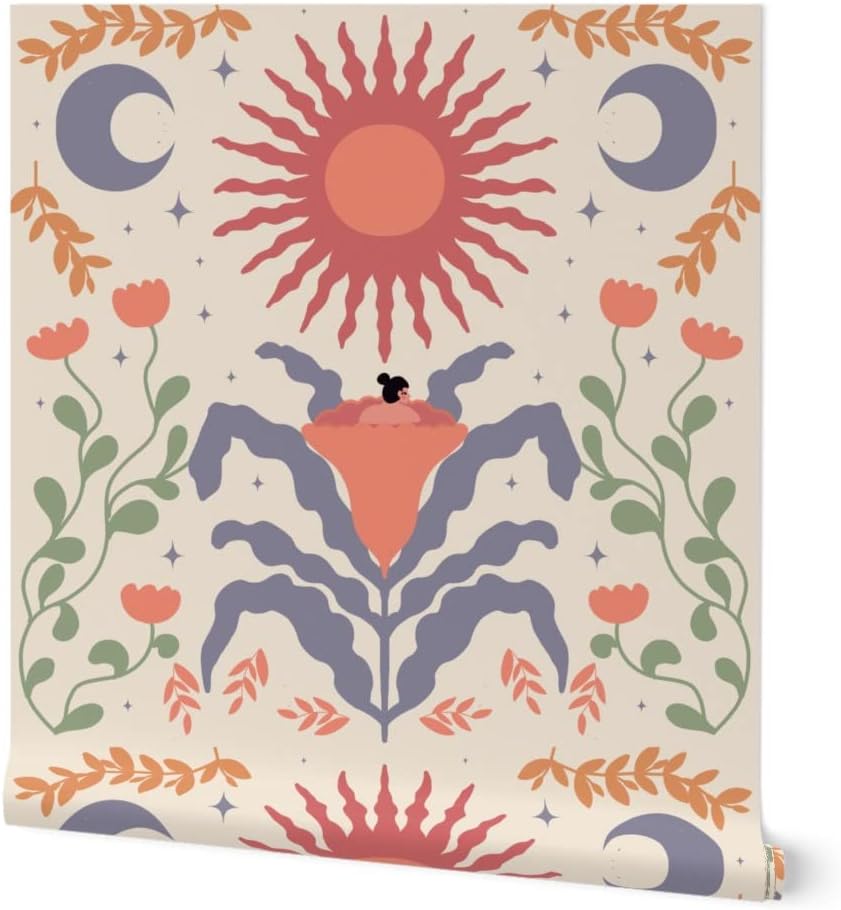 Spoonflower Muestro de papel tapiz extraíble – Estrella moderna abstracta Sol Luna Geométrico Boho Celestial personalizado pre-pegado papel pintado