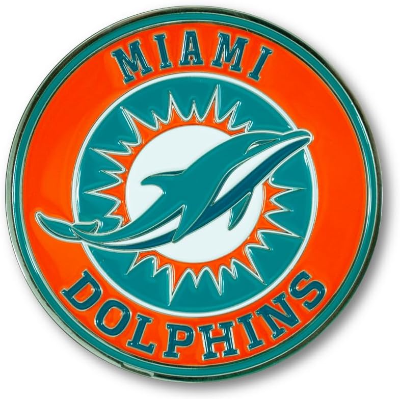FANMATS – Emblema de metal 3D de los Miami Dolphins NFL para todo tipo de clima, para uso en interiores y exteriores, fácil instalación de despegar
