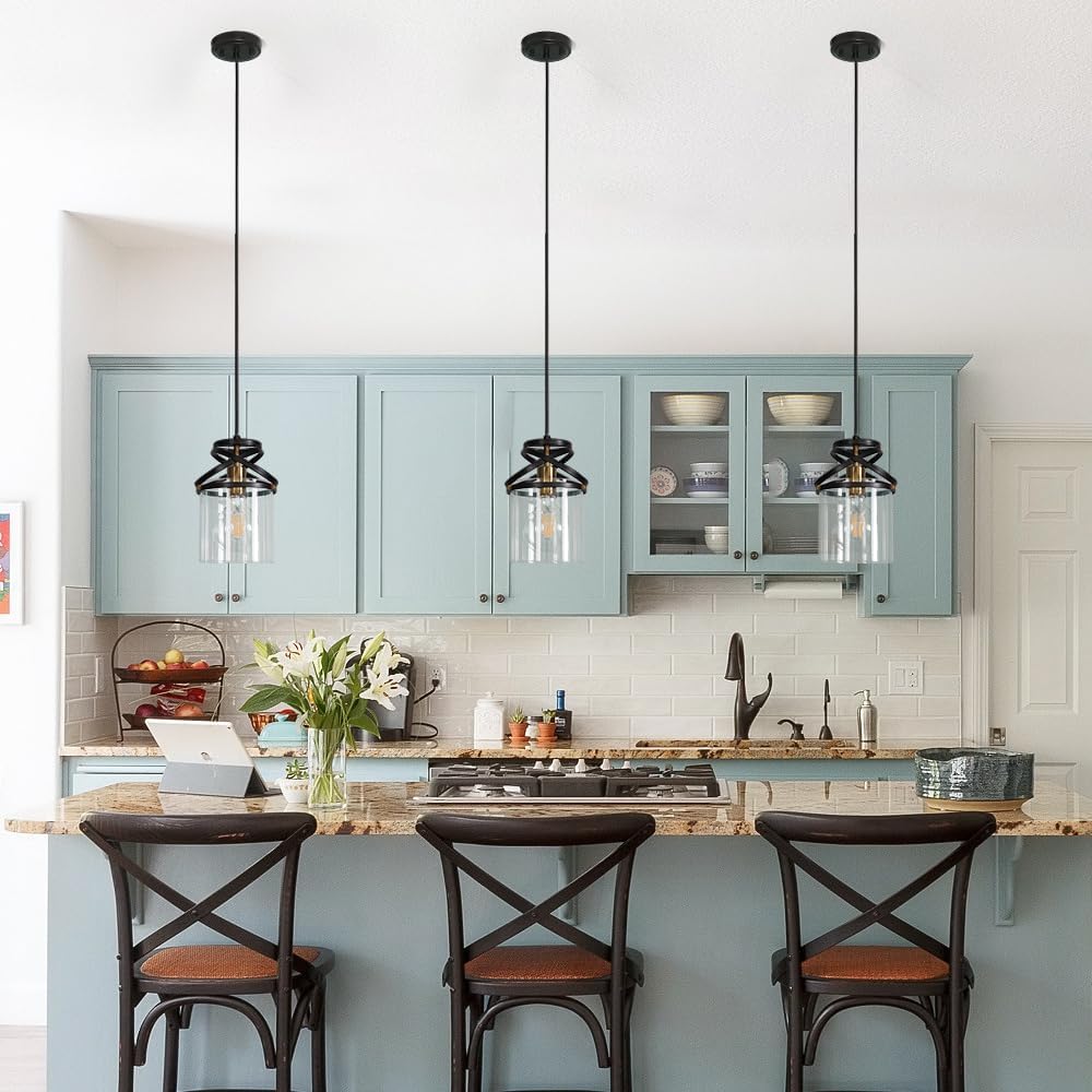 Luces colgantes negras para isla de cocina, moderna lámpara colgante con pantalla de vidrio transparente, accesorios de iluminación colgantes de