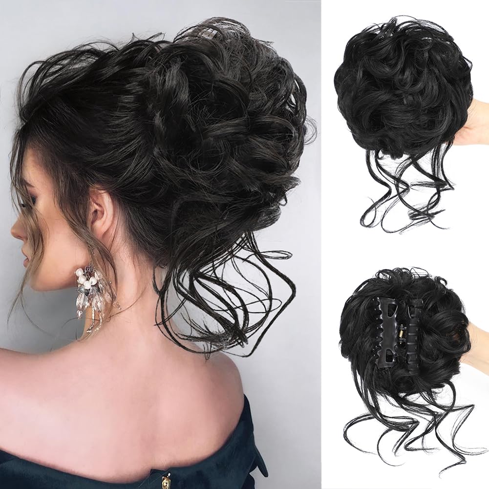 AFNOTE Moño desordenado, pinza de garra, moño despeinado, extensiones de moño sintético rizado para mujer (negro)