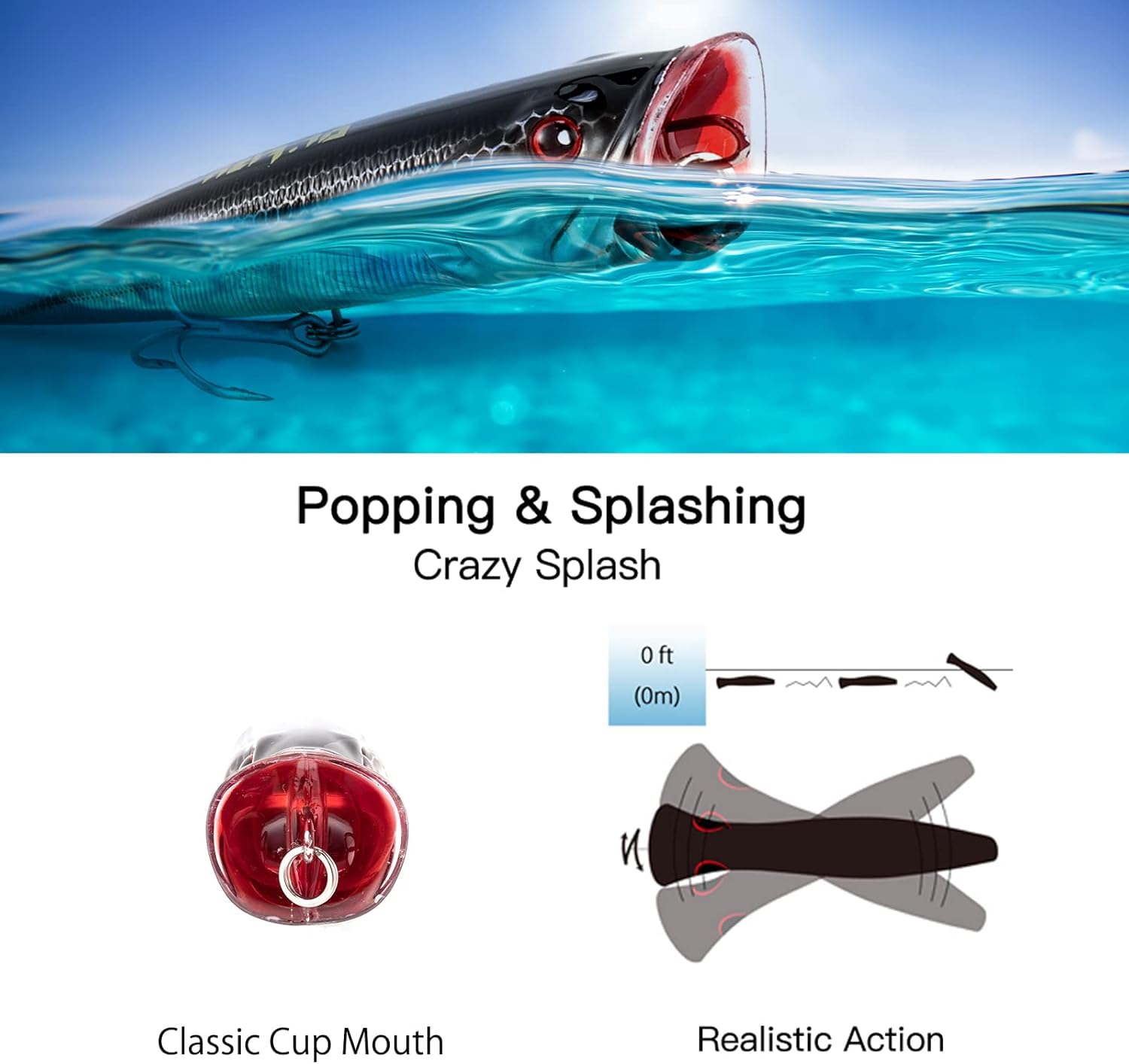 Dr.Fish Topwater Popper – Señuelos de pesca de agua salada, 45.5 pulgadas GT Popper VMC anzuelos agudos señuelos de pesca para Striper, lucio,