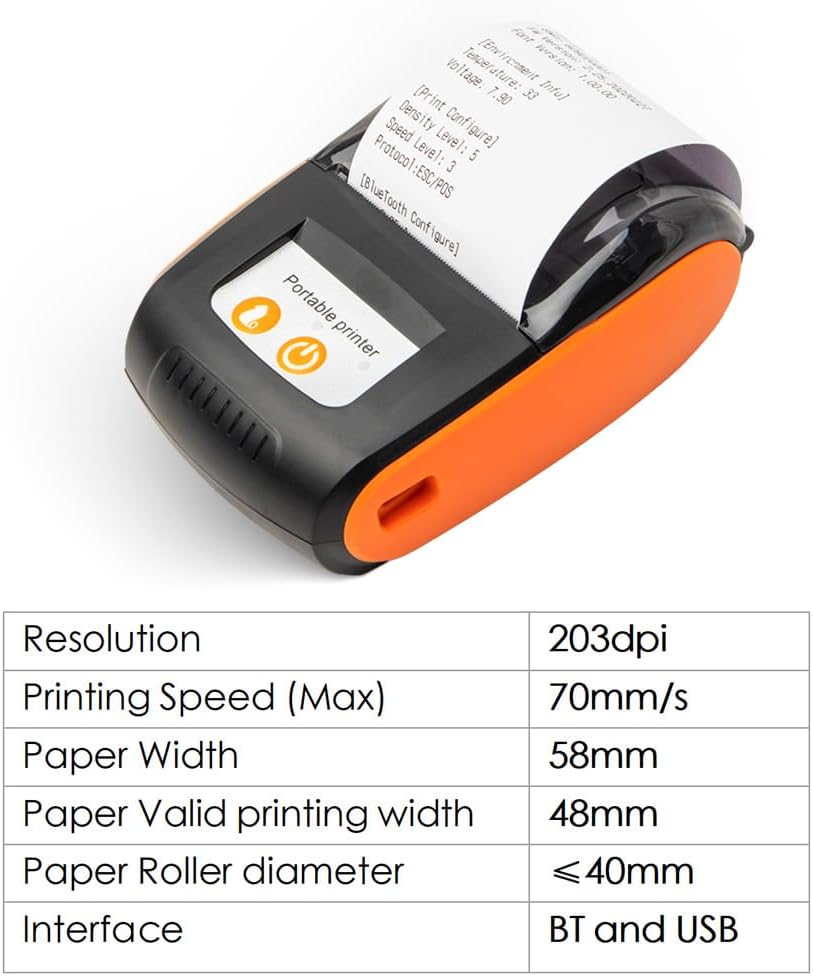 Impresora portátil de recibos, mini impresión térmica de 2.283 in, impresora móvil inalámbrica BT USB con rollo de papel térmico de 2 pulgadas,