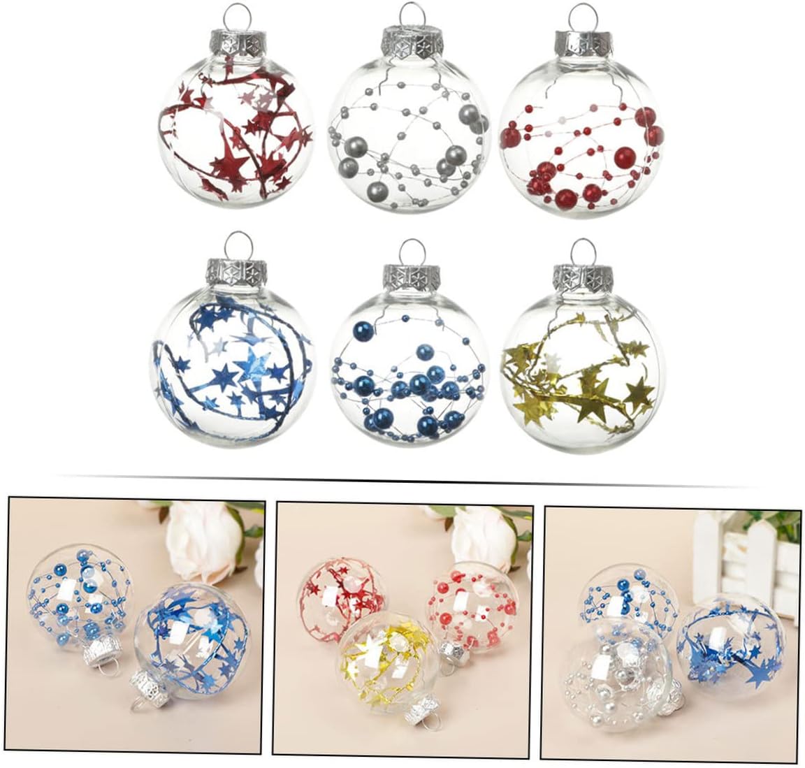 Zerodeko 6 bolas de Navidad decorativas, inastillables, adornos de Navidad transparentes, adorno de bola rellenable, bola de árbol de Navidad, bola