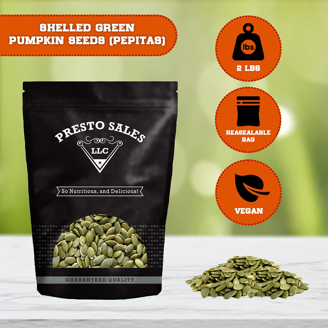 Presto Sales LLC – Semillas de calabaza, pepitas verdes sin cáscara cruda, aperitivo natural, comer o cocinar, nutritivas, empaquetadas en una bolsa