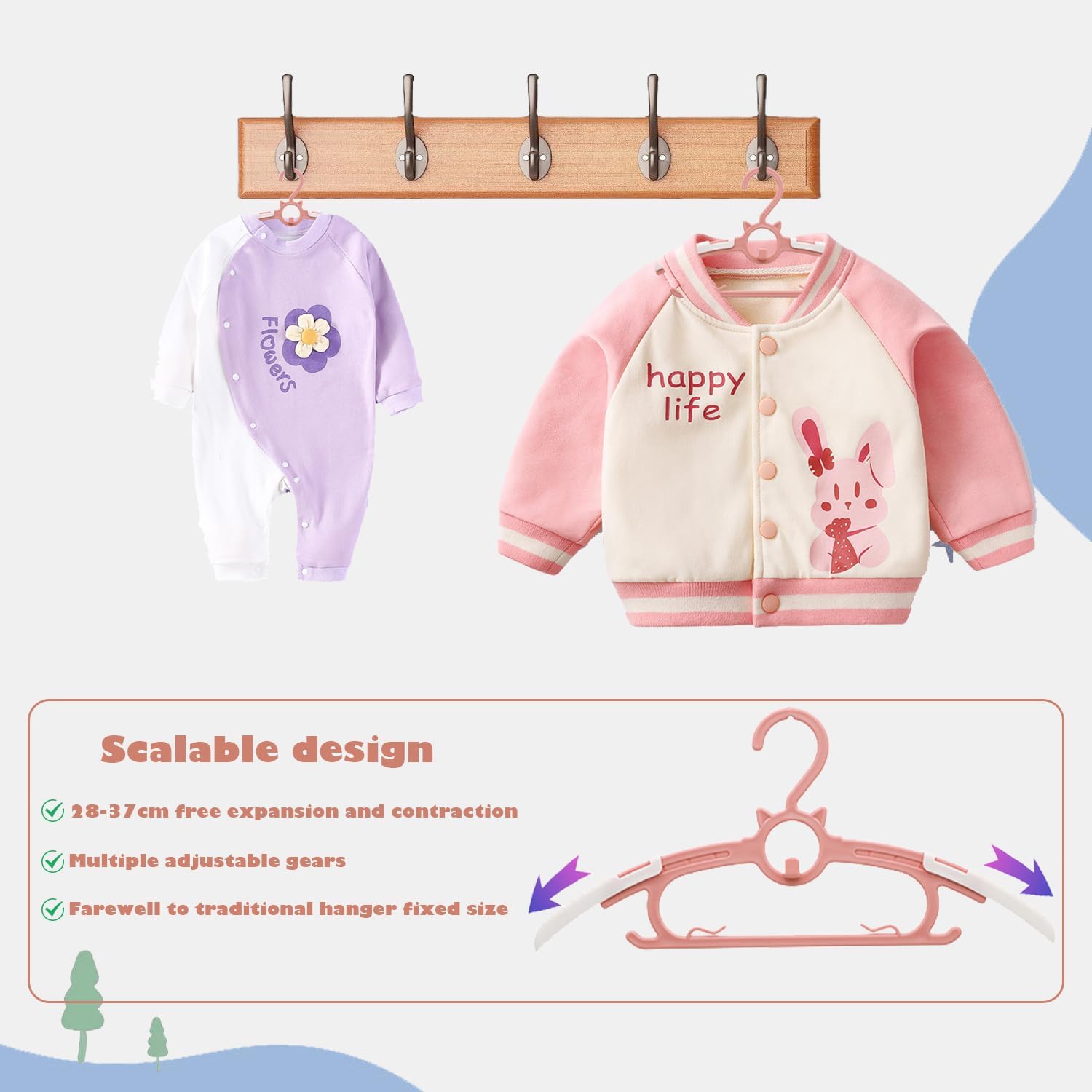 JSF – Perchas de armario para cuarto de bebé, 20 unidades, perchas de plástico blanco para niños, perchas ajustables de 11 a 14 pulgadas para recién