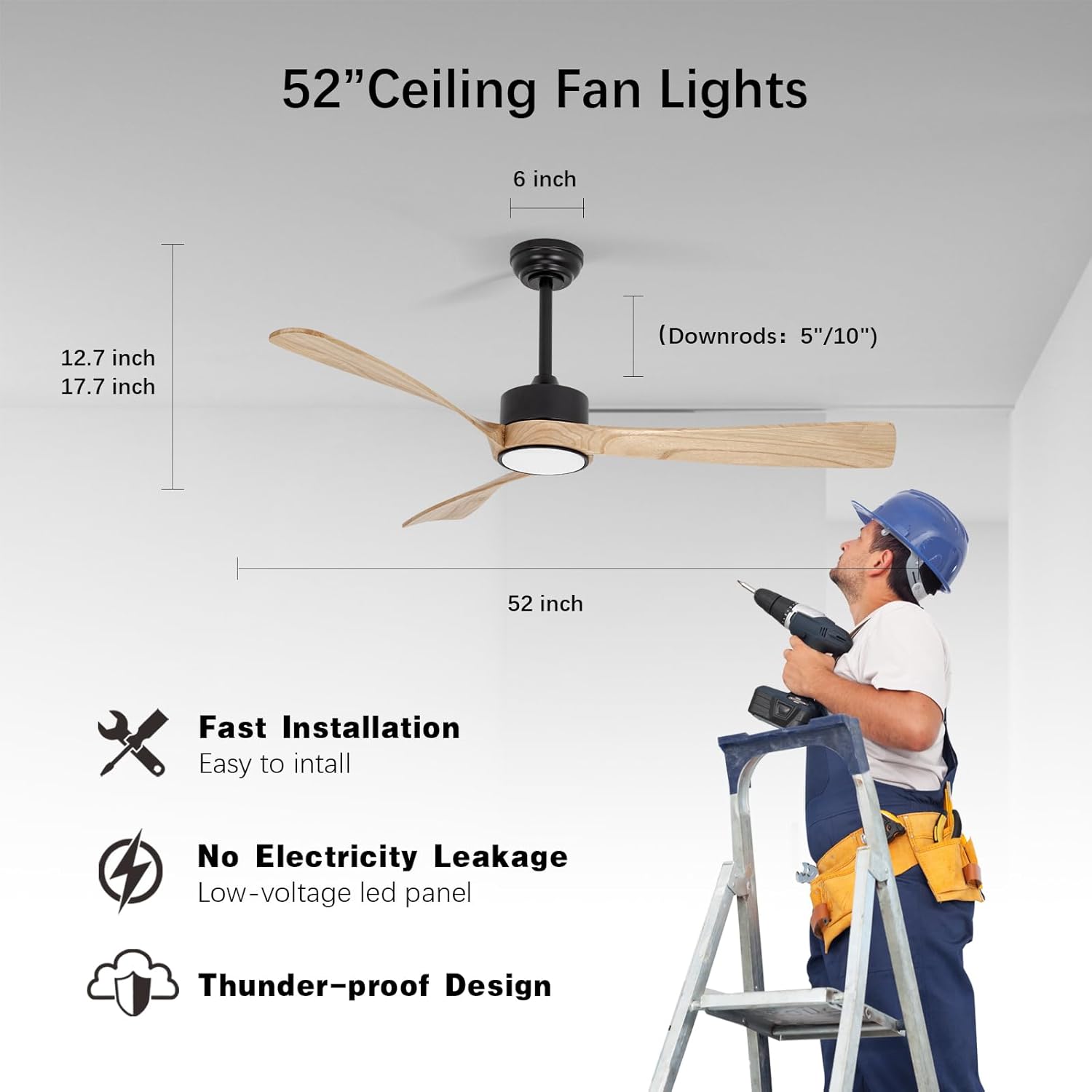 raccroc Ventilador de techo de 52 pulgadas, ventiladores de techo de madera con luces y control remoto, ventilador de techo moderno de 22 W con