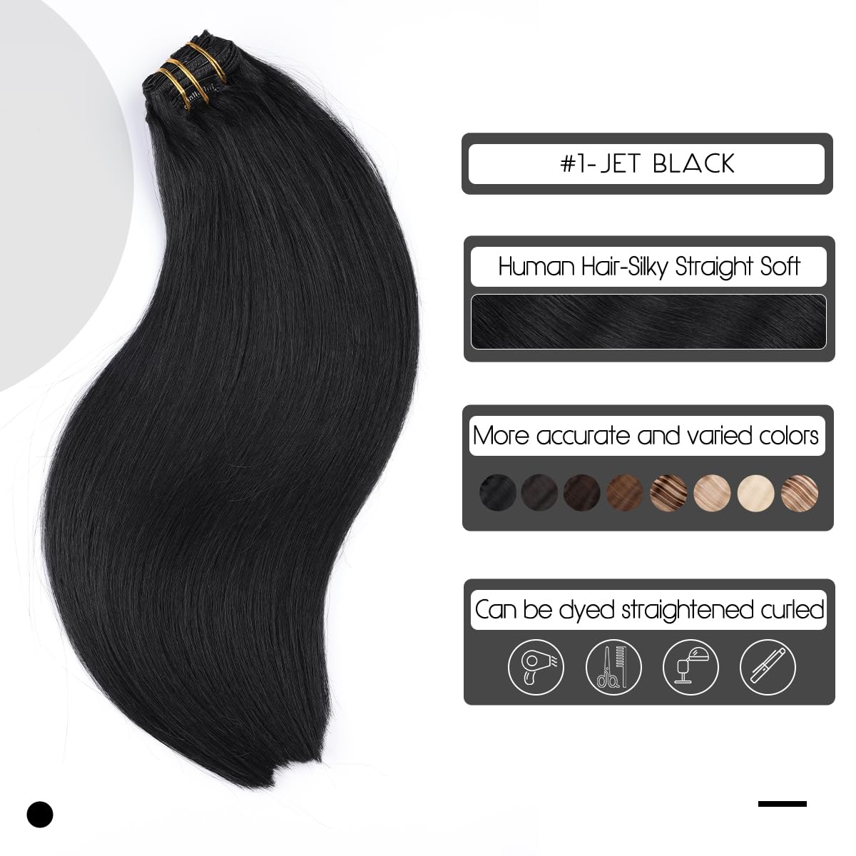 VINBAO Extensiones de cabello humano Remy negro con pinzas, color negro azabache, extensiones de cabello humano grueso con clip, 20 pulgadas, doble