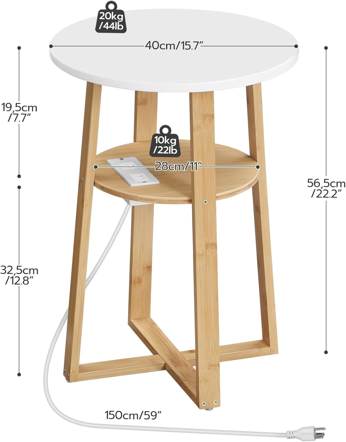 HOOBRO Mesa auxiliar redonda con estación de carga, mesa auxiliar redonda con patas de bambú para sala de estar, dormitorio, blanco y natural