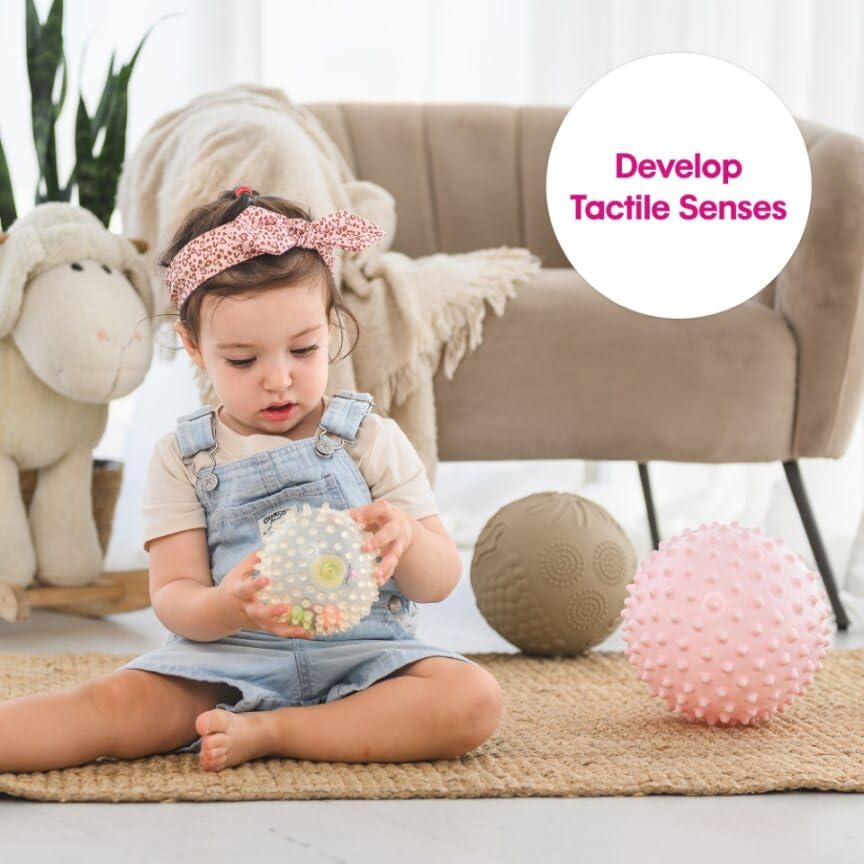 Edushape Colorbits – Pelota sensorial para bebé, juego de 2 bolas transparentes para bebé desinfladas con bomba, con puntas brillantes en el