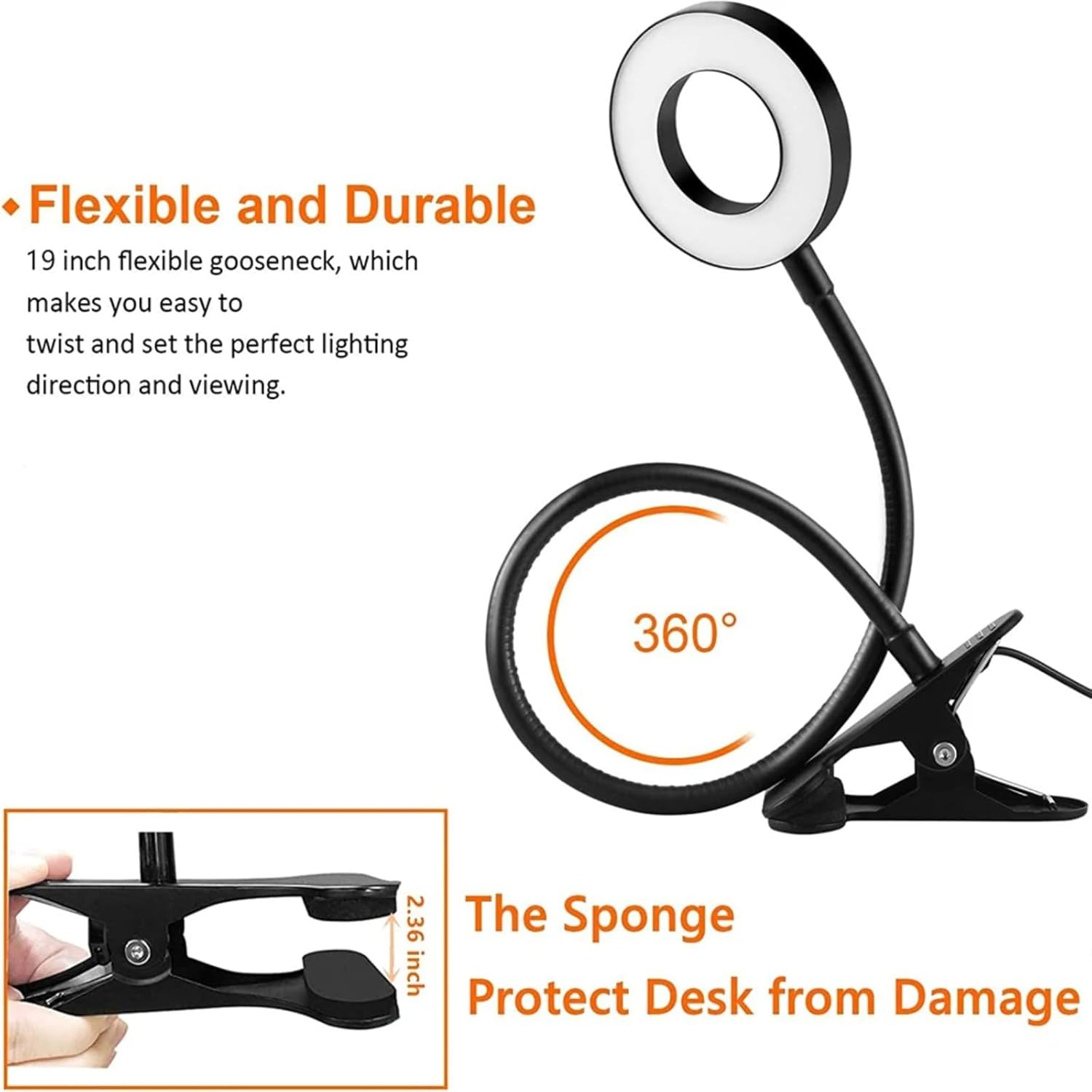 HFENGKG LED Clip on Desk Lamp 360 Rotatable Gooseneck Reading Table Light Eye-Caring USB Clamp Books Night Light Read Light (Black)