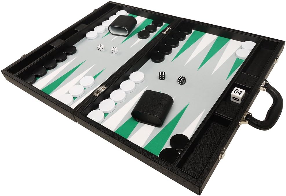 Juego de Backgammon Premium de 19 pulgadas, tamaño grande, tablero negro, puntos blancos y verdes