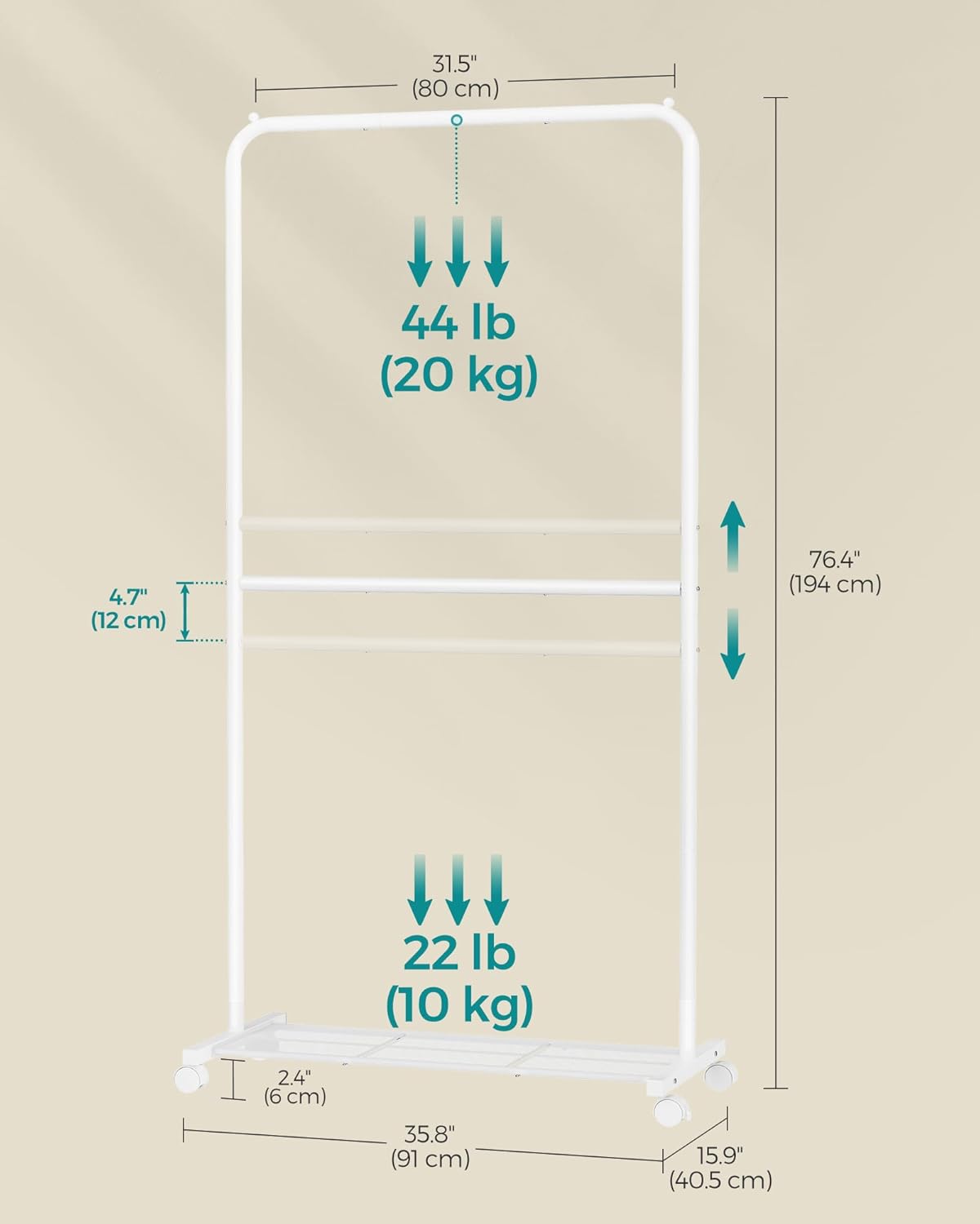 SONGMICS Perchero con ruedas, 35.8 pulgadas de doble barra, perchero para colgar ropa, con estante de almacenamiento de malla densa, capacidad de