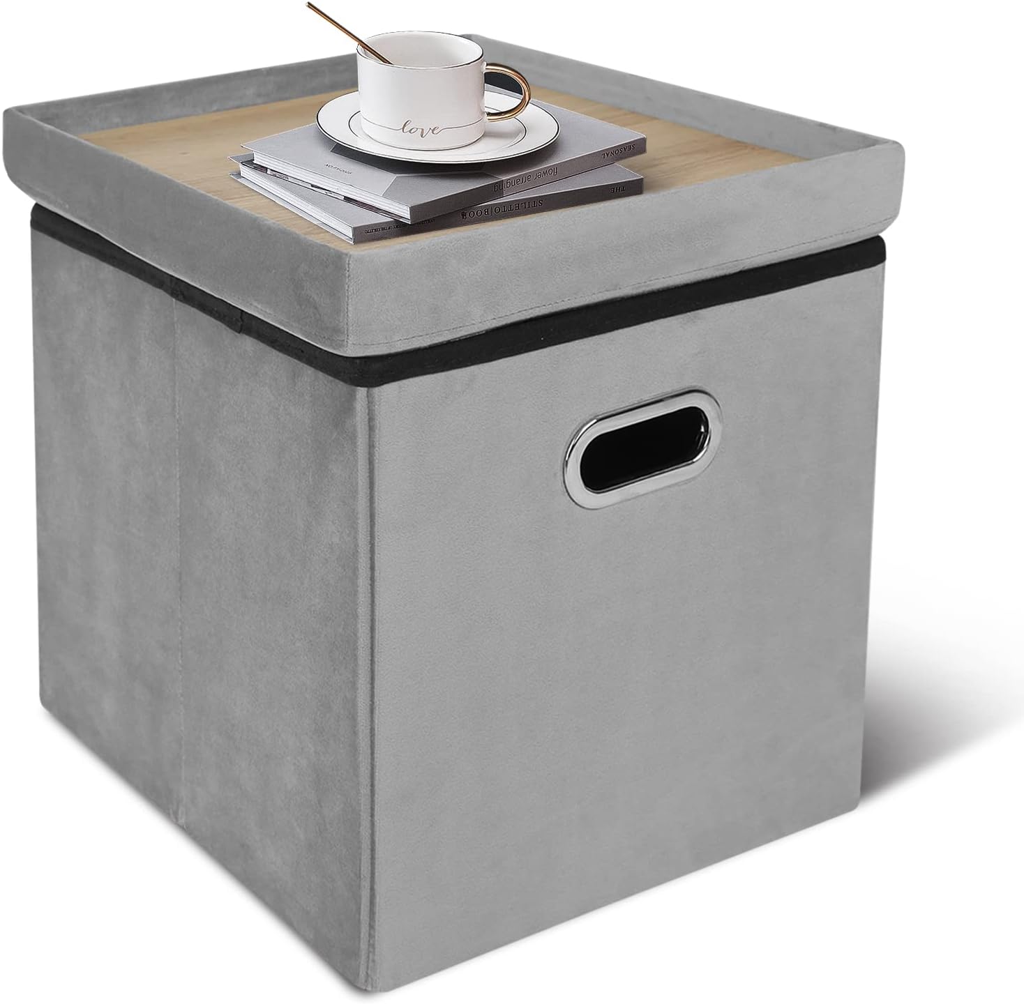 Cubo otomano de almacenamiento, otomana de terciopelo con botones de almacenamiento, otomana cuadrada plegable con bandeja, almacenamiento otomano