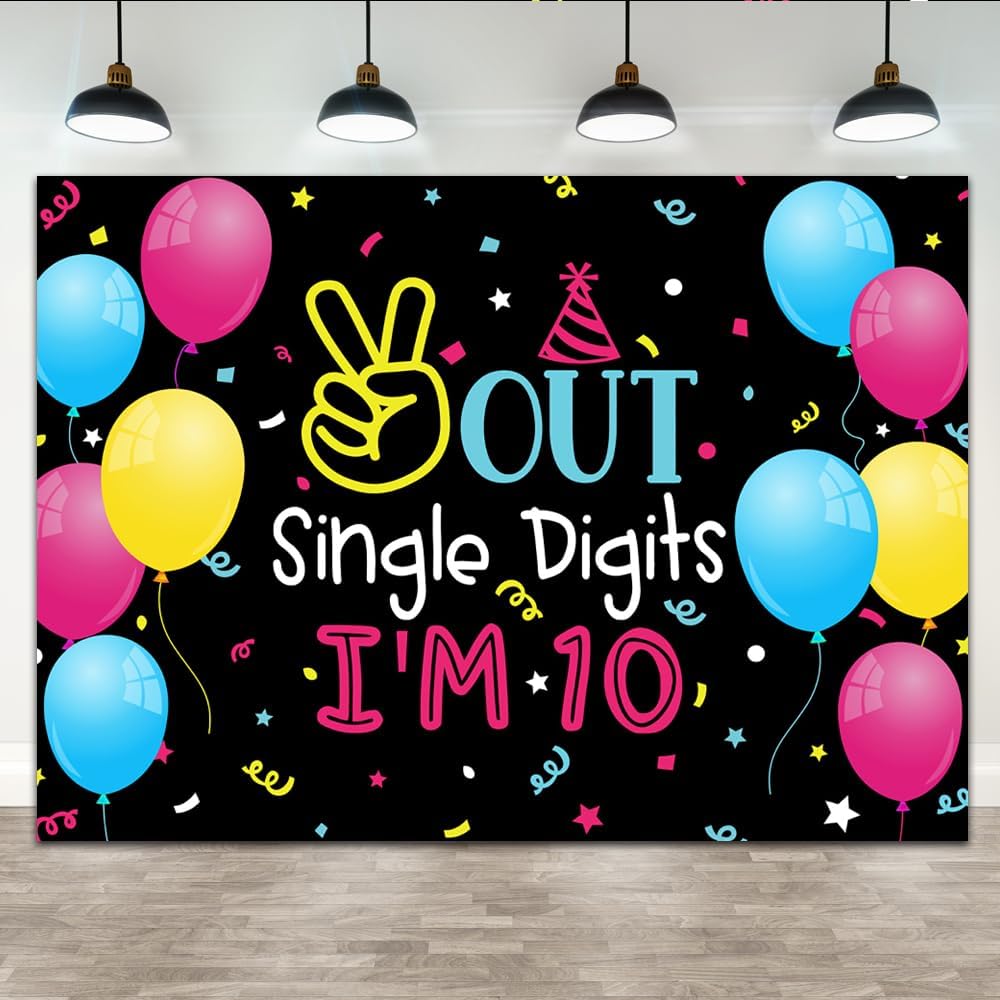 Lofaris Fondo de 7 x 5 pies con un solo dígito con texto en inglés “I’m 10” Happy Birthday para niños, niños o niñas, globo de colores de doble