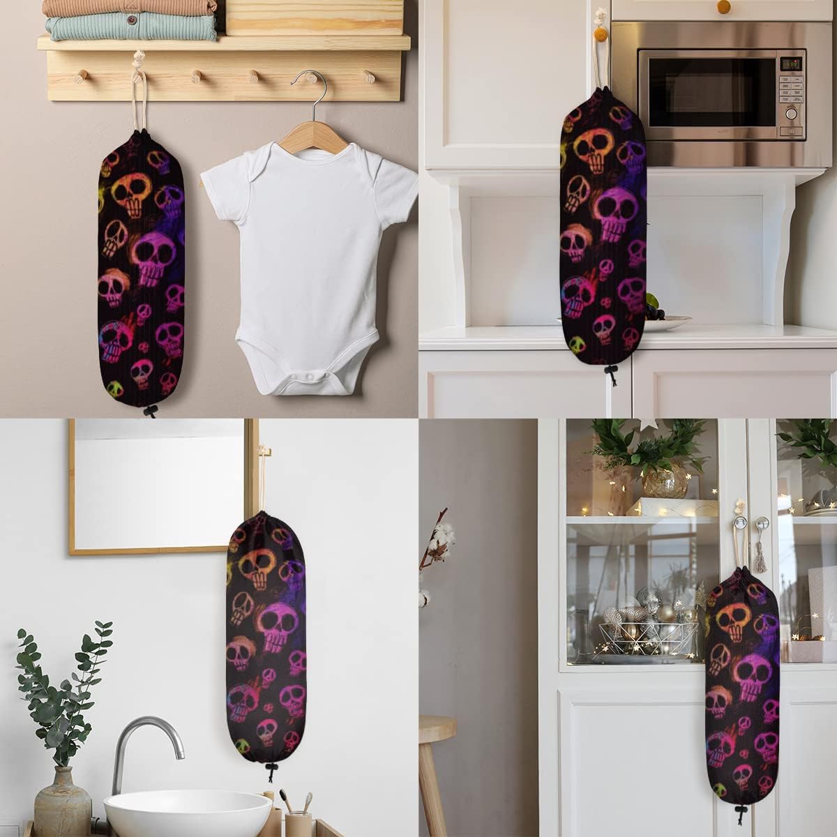 Skulls – Soporte para bolsas de plástico para Halloween, lindo organizador de bolsas de plástico para montaje en pared, reutilizable, grande,