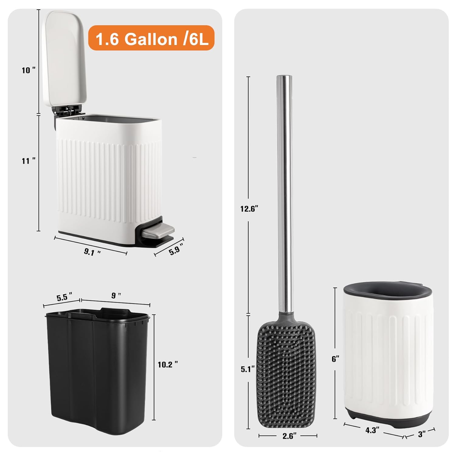Basurero de baño con escobilla de inodoro, cubo de basura delgado de acero inoxidable de 1.6 galones, papelera pequeña para baño, oficina,