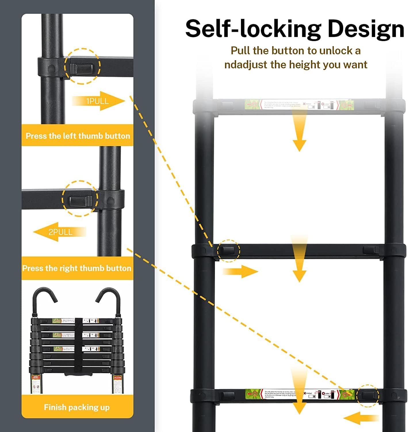 Escalera telescópica RIKADE de aluminio de 6.5 pies con patas antideslizantes y gancho estable, escalera de extensión portátil para el hogar y el
