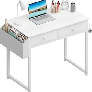 Lufeiya Escritorio pequeño blanco con cajones, para dormitorio, escritorio de computadora de oficina en casa de 32 pulgadas con cajón de Lufeiya Escritorio pequeño blanco con cajones, para dormitorio, escritorio de computadora de oficina en casa de 32 pulgadas con cajón de