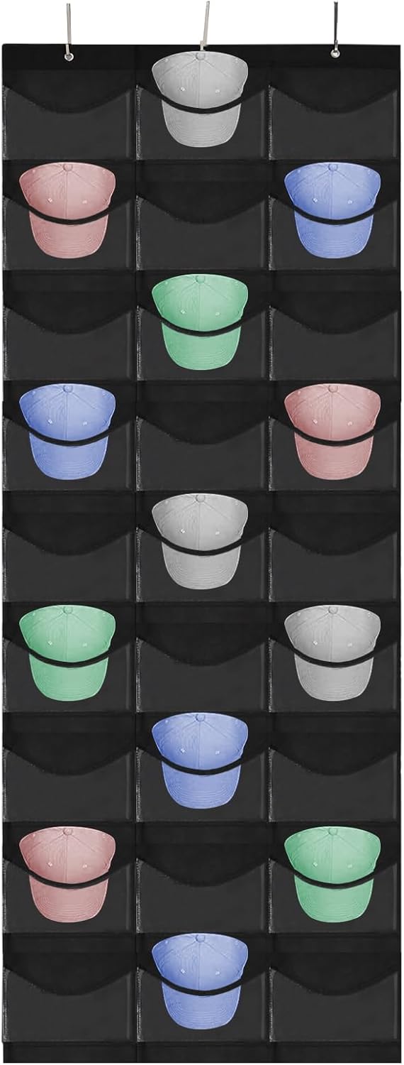 27 Pockets Hat Rack For Baseball Caps, Baseball Hat Organizer for Wall&Over the Door, Caps Hat Holder Hanger For Closet With Large Clear Pockets