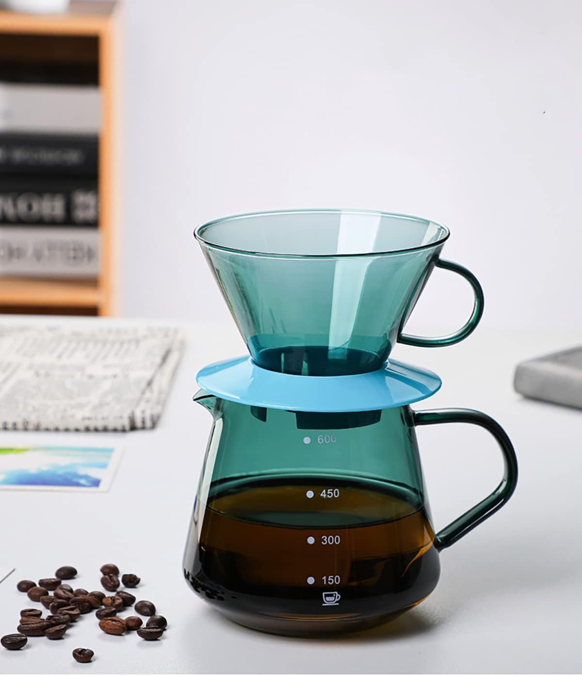 Bicuzat Cafetera de vidrio colorida para verter sobre la cafetera con asa, juego de cafetera y filtro de café, juego de filtros de olla verde de