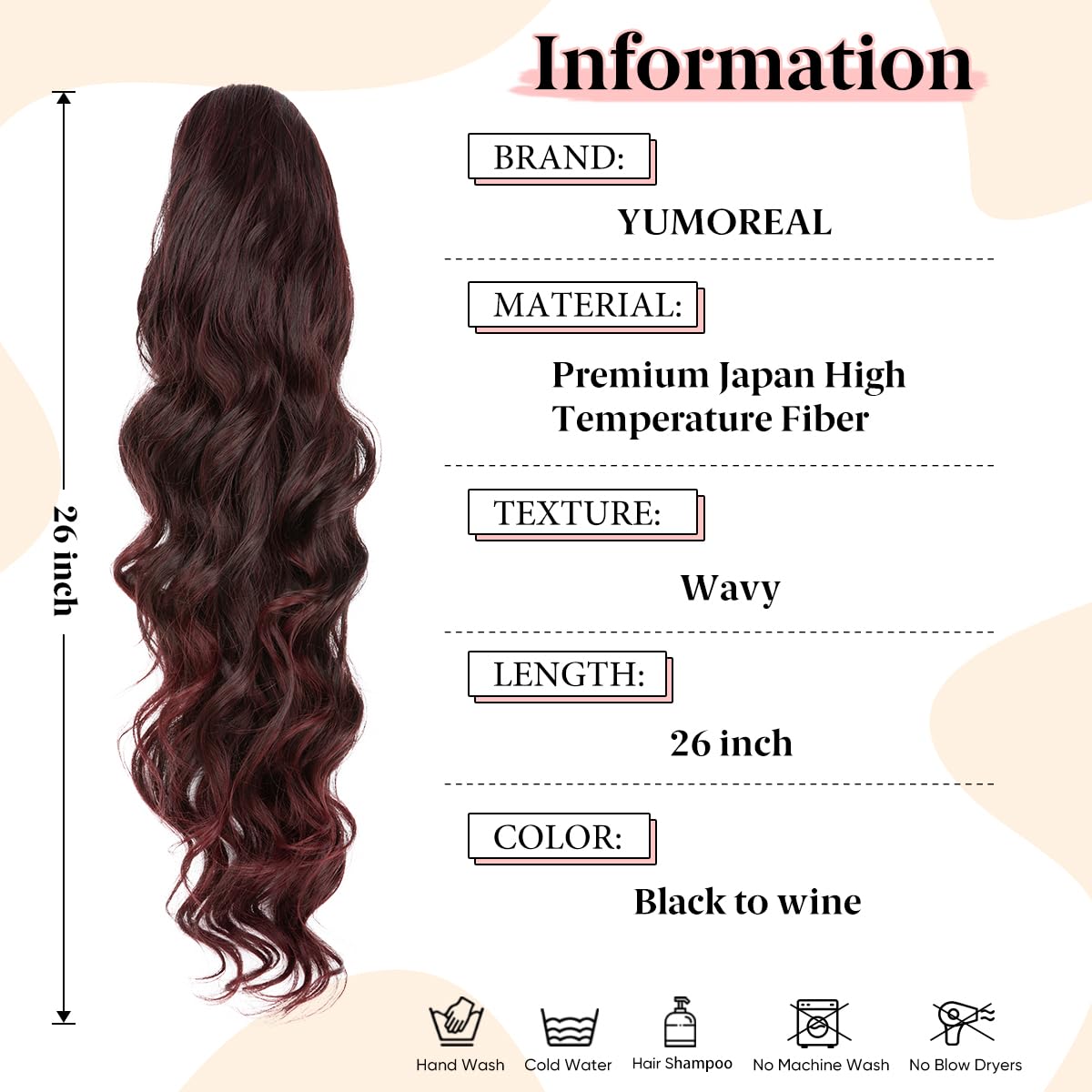 Extensiones de cola de caballo sintéticas resistentes al calor, 26 pulgadas de largo, esponjosas, onduladas, para mujer, color burdeos