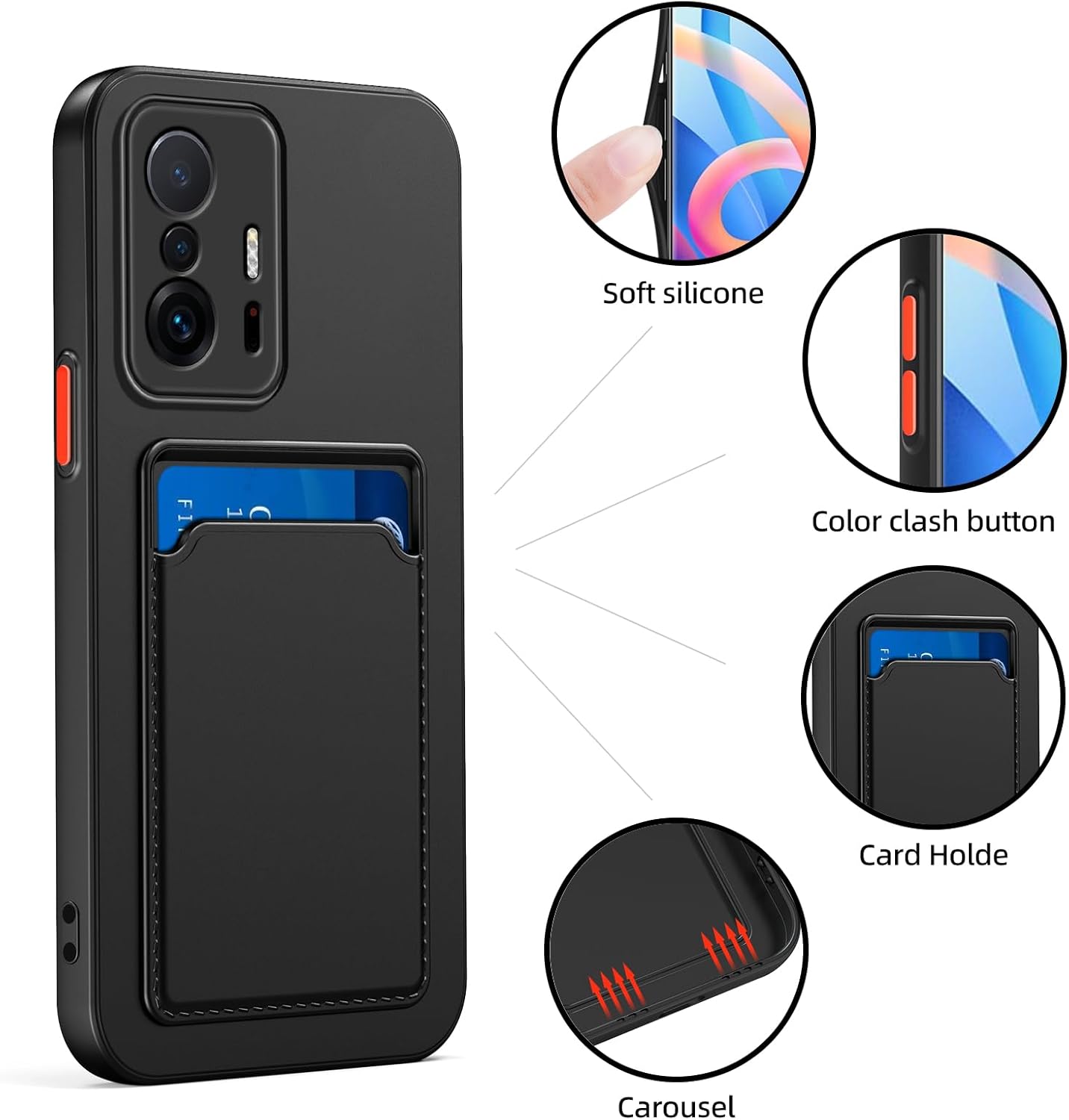 Funda de teléfono para Xiaomi 11T ProMi 11T – Funda delgada de silicona negra con ranura para tarjeta y protección de cámara