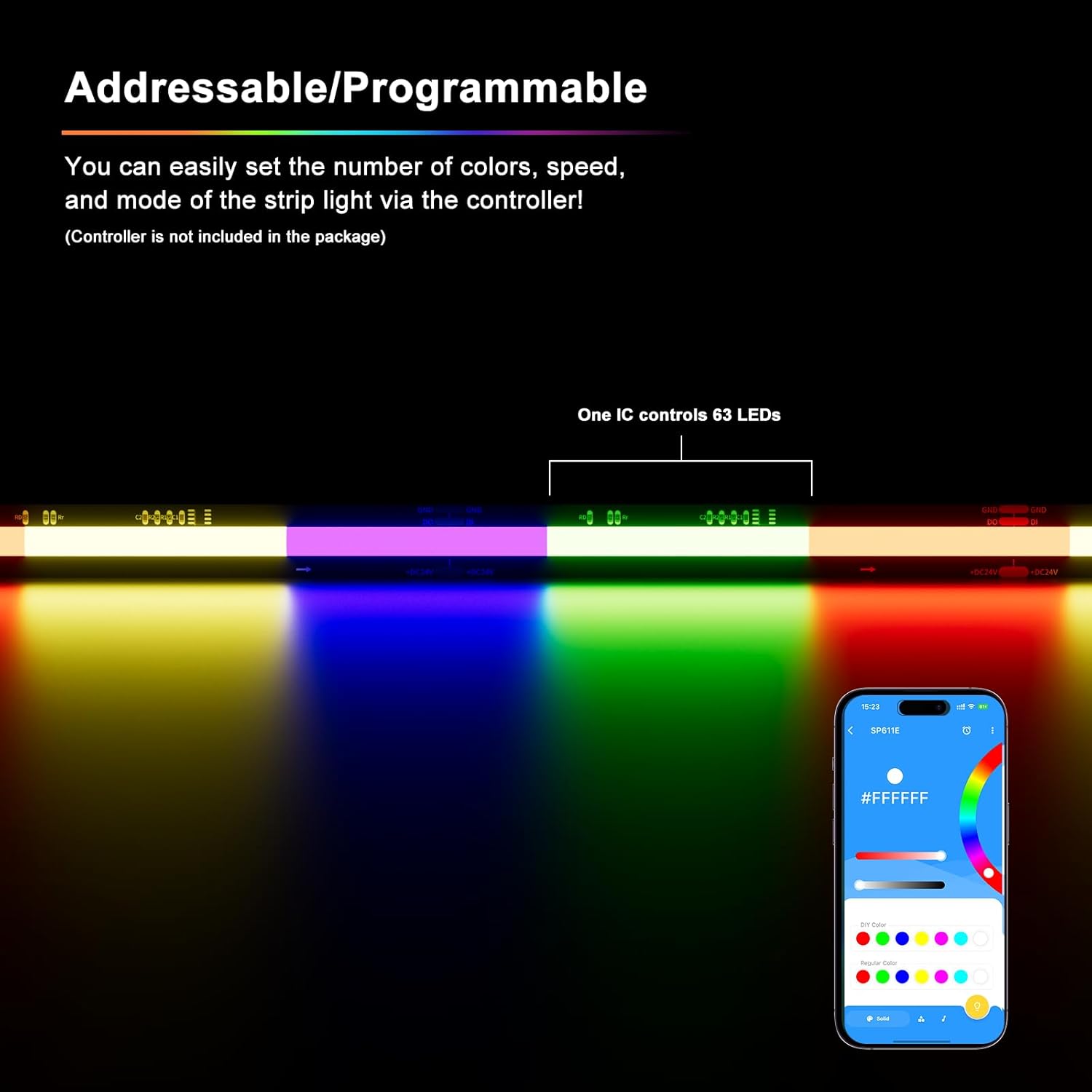 PAUTIX Tira de luz LED RGB Smart IC COB direccionable 24 pies24.6 ft, tira de luz de persecución de color de 24 V, multicolor, flexible, para TV,