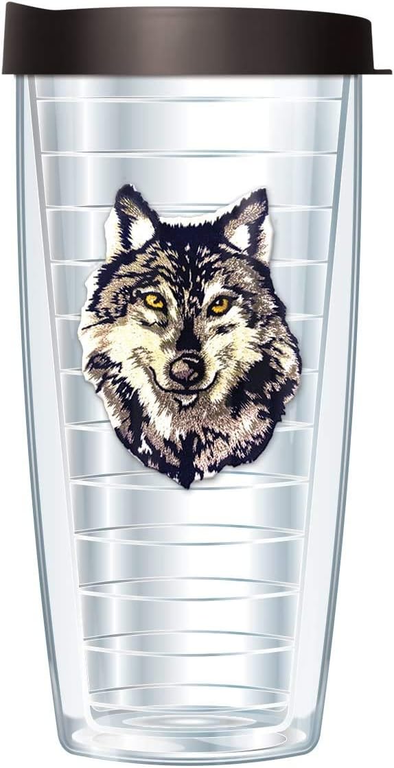Juego de 4 vasos con tapa negra con diseño de animales salvajes, lobo aullador, oso negro, águila, lobo, vasos aislados de 16 onzas, doble pared,
