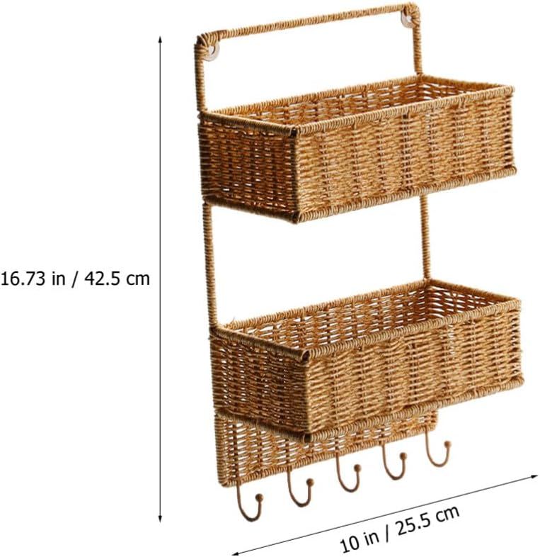Angoily Cesta clasificadora de almacenamiento tejida de 2 niveles con 5 ganchos, cesta de frutas colgante de ratán para cocina, verduras,