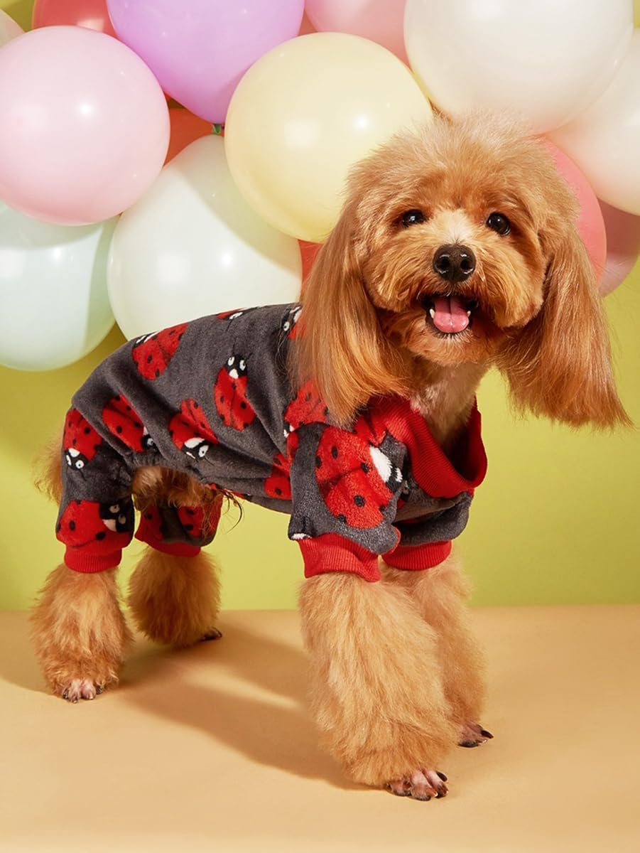 Moorfowl Pijama de forro polar para perros pequeños, overol con estampado de coccinella roja, para cachorros, para chihuahua, Yorkie, Navidad,