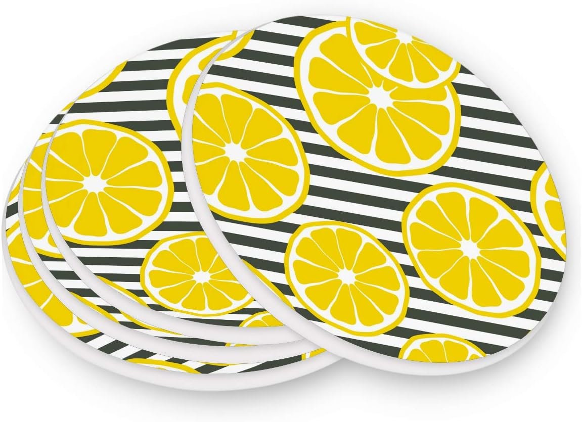 visesunny Posavasos de verano a rayas de limón que absorben la humedad, con base de corcho para protección de mesa, evita daños en los muebles, taza